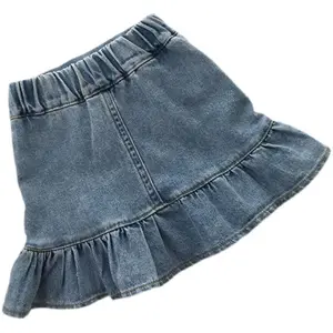 2024 Children's Set Fashion Girl Bubble Short Sleeved T-shirt And Denim Skirt Summer Curled Hem Ponytail Skirt