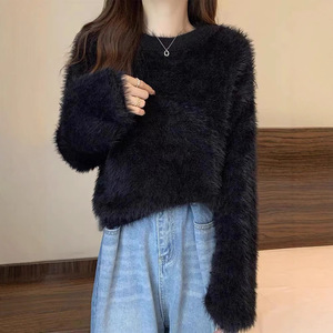 Suéter Blanco de Imitación de Visón, Talla Única, Color Sólido, Corte Holgado, Top de Punto para Mujer, Estilo Otoño Invierno - Product Image 3
