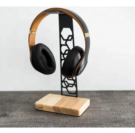 Metal headset holder Desktop decoration pc gaming headphone display stand wooden base Headphone Stand