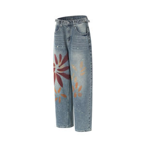 Couleur Imprimé Diamant Strass Broderie Hip Hop Bleu Royal Hommes Jambe Large Coton Denim Jeans en Vrac - Product Image 1