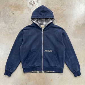 Sweat à capuche zippé personnalisé avec logo brodé OEM TKAN6746, doublure à carreaux, poids lourd, effet vintage, noir, coupe oversize, streetwear homme - Product Image 1