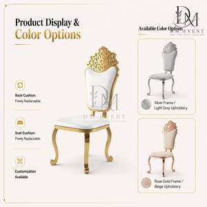 Chaise de mariage de luxe en acier inoxydable doré avec dossier couronne baroque et coussin blanc pour événements de mariage et banquets - Sièges événementiels - Product Image 5