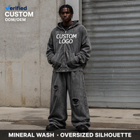 Ensemble deux pièces pour homme, sweat à capuche zippé et pantalon de survêtement large en coton gris anthracite 420 GSM, délavage minéral, style streetwear vintage