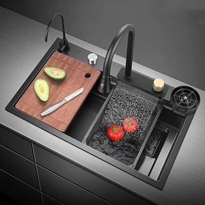 Évier de cuisine en acier inoxydable Bingtao, cuve simple, épaisseur 50 mm, gris anthracite, avec robinet cascade pour usage domestique - Product Image 1