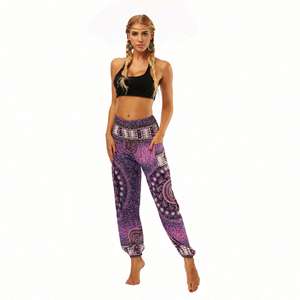 Pantalones de yoga tipo harem de chifón para mujer, OEM, de verano, con cintura elástica, holgados, estampados, hasta el tobillo, de cintura media, informales, de alta calidad y bajo precio. - Product Image 3