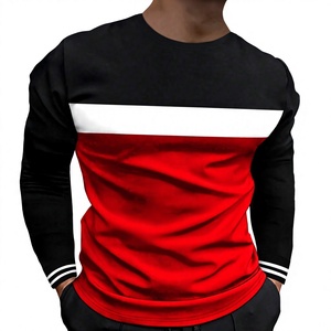 T-shirt à manches longues pour homme, col rond, coupe ajustée, tricoté, décontracté, rouge, noir, blanc, avec bordure contrastée - Product Image 2
