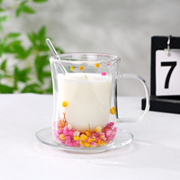 Tasse à café en verre 10oz à corps incurvé, double paroi, motif floral - Tasse isolante en borosilicate pour cappuccino, idéale pour la maison, les fêtes ou comme cadeau