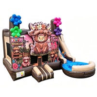 Château gonflable combiné à thème ferme des Highlands avec toboggan, imprimé, pour location de fêtes sur le thème de la ferme