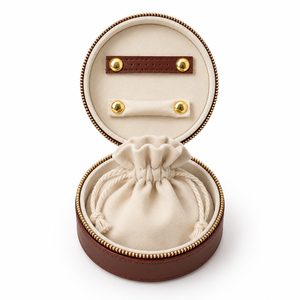 Custom Logo Circular PU Jewellery Organizer Flip Zipper Travel Jewelry Case with Built-in Drawstring Bag for Rings <b>Earrings</b> - Product Image 1