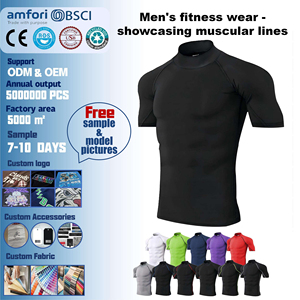 Camiseta <span class=keywords><strong>Deportiva</strong></span> de Compresión para <span class=keywords><strong>Hombre</strong></span>, Cuello Alto, Corte Regular, Secado Rápido, Anti-Pilling, Elástica, Spandex/Poliéster, 180g, para Verano - Product Image 1