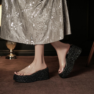 528A Women's <b>Wedges</b> <b>Sandals</b> Open Toe <b>Platform</b> PVC Lining Rhinestones Height Increasing Slip-On Summer Shoes - Product Image 4