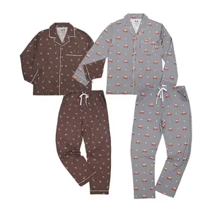 Wholesale Customized Women And Man Couple Pajamas Set Turn-down Collar Summer Long Sleeve Tops Shorts Set Sleepwear Clothes