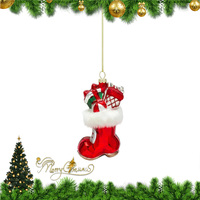 Prix de gros Décorations de sapin de Noël Rouge Blanc Botte de Père Noël Ornements de boules de Noël en verre Écologique