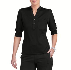 Haut de blouse médicale pour femme en tissu extensible, col côtelé, 3 poches, manches mi-ballon, qualité supérieure, vente en gros - Product Image 3