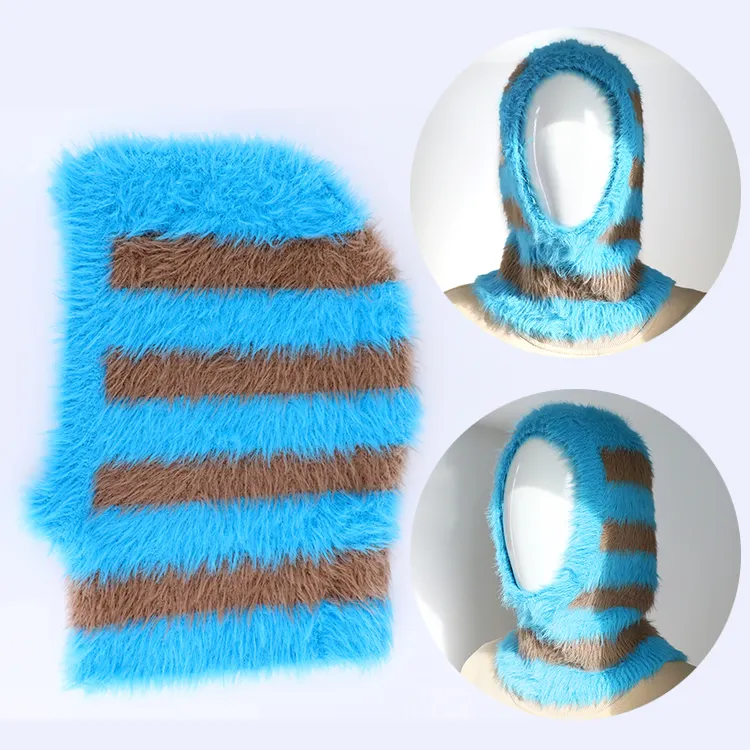Qianzun Manufacturer royal blue striped furry face mohair ski mask winter chunky wool custom balaclava
