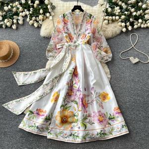 Abito Lungo Elegante Yuhong Stile Vintage con Scollo a V, Maniche a Lanterna, Stampa Digitale, Vita Alta e Lacci, Effetto Snellente - Product Image 3