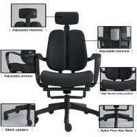 Chaise de bureau exécutive moderne à dossier haut en tissu noir, ergonomique, avec appui-tête réglable, accoudoirs fixes et dossier réglable en hauteur