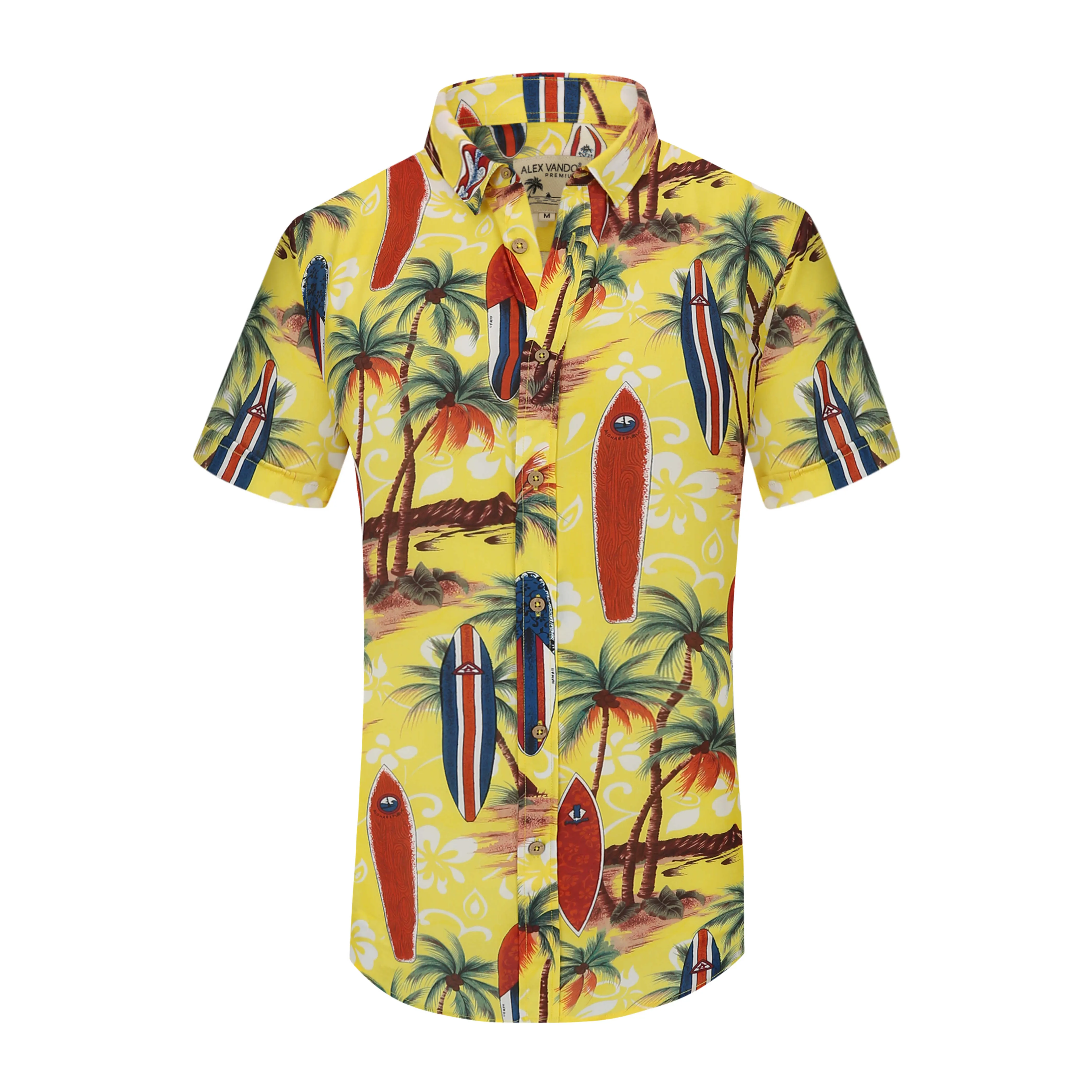 OEM/ODM Camisa Hawaiana Yellow Short Sleeve Printing Men Shirt Beach Wear Linen/Cotton Hawaiian Shirts Camisas