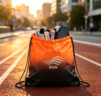 Sac de sport à cordon de serrage, sac à dos orange et noir dégradé en polyester, sac de sport unisexe avec poche pour téléphone portable
