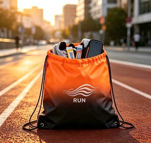 Sac de sport à cordon de serrage, sac à dos orange et noir dégradé en polyester, sac de sport unisexe avec poche pour téléphone portable - Product Image 1