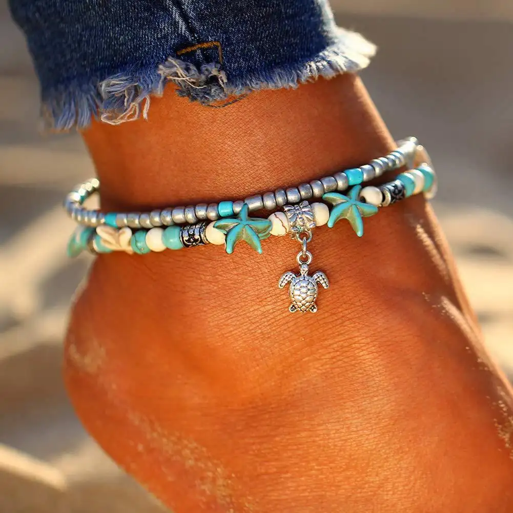 Famous Brand Conch Rice Bead Yoga Anklet Beach Turtle Pendant Starfish Pearl Crystal Bead Foot Non Tarnish Anklets