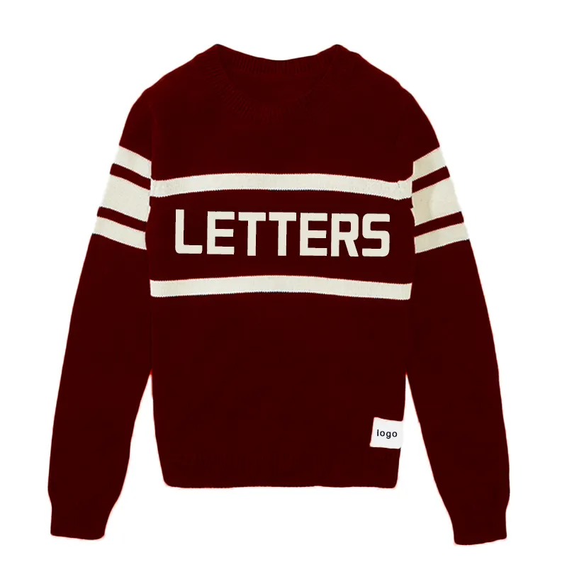 Mens Pullover Sweater OEM Custom Men Cotton Crew Neck Knitted Sweater Long Sleeve Letter Pattern Vintage Stripes Pullover Letterman Sweater