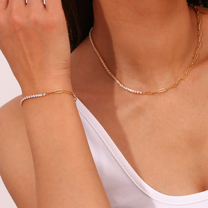 Parures de bijoux pour femmes Vente en gros Zircone Haute Qualité Trombone Bracelet Collier Acier Inoxydable Plaqué Or 18k Zircon - Product Image 5
