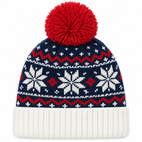 Bonnet tricoté personnalisé avec logo, motif flocon de neige Fair Isle jacquard, pompon, revers, pour l'hiver, vente en gros