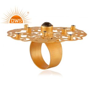 แหวนควอทซ์เพทายสโมคกี้ดีไซน์ลายเส้นกลมแหวนทองเหลืองชุบทอง18K สีเหลืองเครื่องประดับคอลเลกชันวินเทจ - Product Image 2