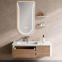 Miroir de salle de bain LED moderne sans cadre, de forme irrégulière, éclairé, blanc et avec finition bois, meuble de salle de bain avec dessus en marbre