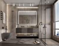 Kabinet Kamar Mandi Modern Abu-abu Tua Mewah Tanpa Gagang Berdesain Alur dengan Cermin LED untuk Proyek Villa Hotel CE