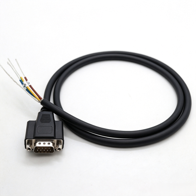 OEM Custom D-SUB DB9 Male Breakout Cable Front-Riveted Panel-Mount Lock Nut Open Bare-End RS232 Industrial PLC Control PVC Cable