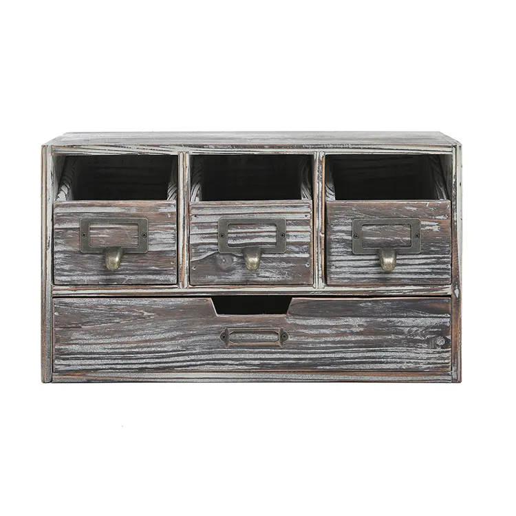 Rustic Wood Office Desktop Organizer Box with Multiple Compartment Drawers Craft Supplies Storage Cabinet with 4 Drawer