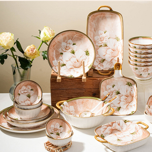 Bộ đồ ăn sứ cao cấp, đĩa tròn viền hoa, đồ trang trí nhà cửa, phong cách cổ điển - Product Image 6