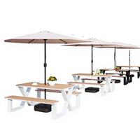 Ensemble table et bancs de pique-nique d'extérieur avec parasol, pour 4 à 6 personnes, ensemble de salle à manger tout-en-un pour patio, structure en métal moderne en forme de X, pliable, parasol de parc