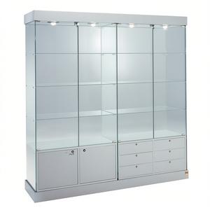 Vitrina HZE de 145 cm de ancho y 190 cm de alto con puertas de vidrio templado gris claro, estantes e iluminación. - Product Image 2