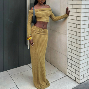 New High Elastic Fabric Off Shoulder Long Sleeve Striped Dress 2 Piece Set for Women Fashion - Product Image 3