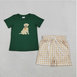 Conjunto de ropa de verano para niños BSSO1636 con bordado de perro y pato, top verde y pantalones cortos a cuadros - Product Image 1