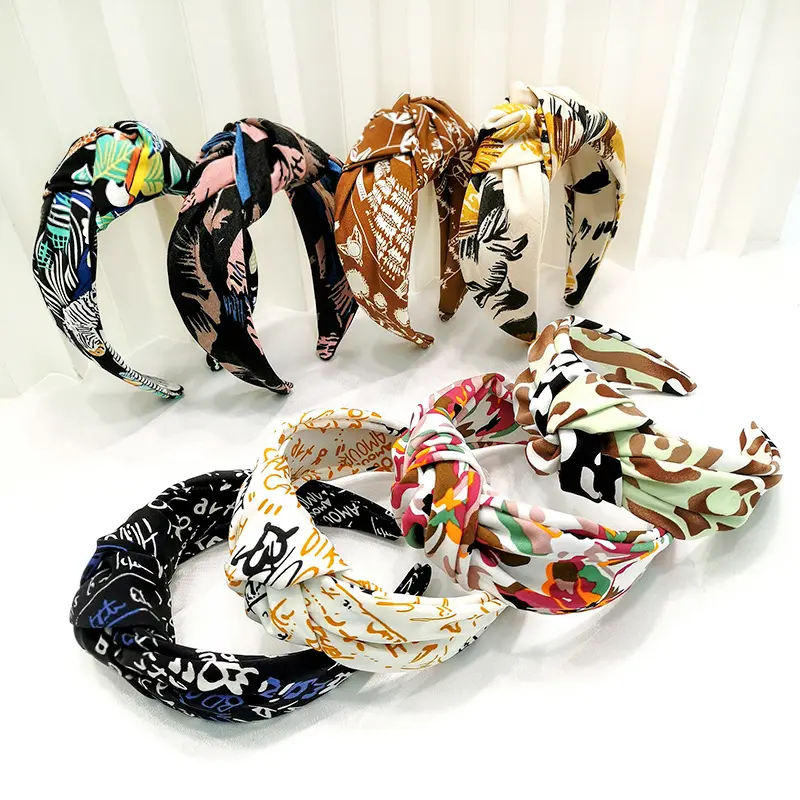 MIO Spring Summer Floral Geometric Print Headband Tie-dyed Fabric Twist Knot Wide Headbands For Women Handmade Hair Hoop