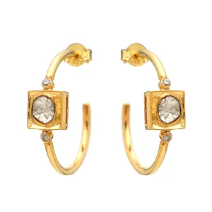 Beautiful Piece 25mm Hoops In Gold Plated 925 Sterling Silver With Square Polki Diamond In Factory Wholesale Price