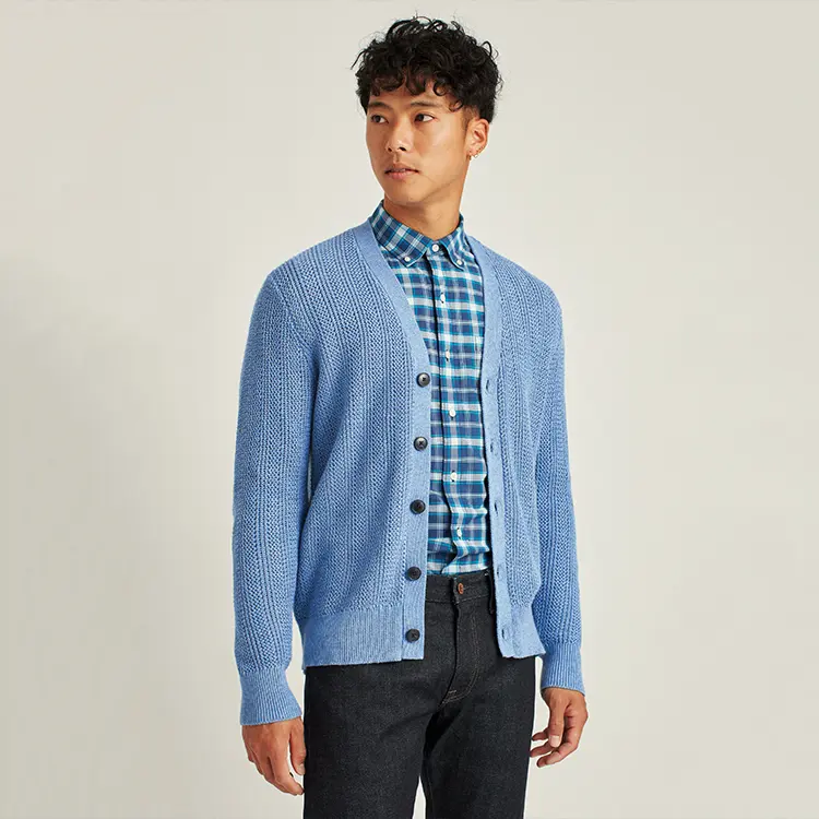 OEM blue mens cardigan jacket in mans cotton button men's lazy style knitted rib hem crochet clothes pria knit sweater male