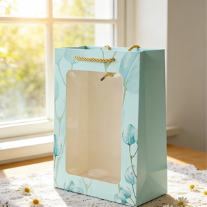 Bolsa de Regalo Ecológica de Papel con Ventana de Hoja de Eucalipto y Asa, Hecha de Cartón Blanco Grueso para Impresión a Color Certificada - Product Image 1