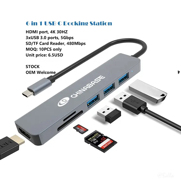 OEM pengisi daya adaptor HUB USB Tipe C Multiport, pengisi daya 6 in 1 dengan USB 3.0 4K HDMI pembaca kartu TF SD C Hub untuk MacBook Laptop