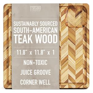 Planche à découper en teck pour cuisine (petite) – Planche <span class=keywords><strong>de</strong></span> boucher en chevrons avec rainure pour jus et fosse d'angle, planche à charcuterie - Product Image 1