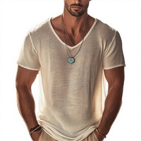 Nouveau T-shirt Homme Grande Taille Américain et Européen, Vintage, Couleur Unie, Fin, Respirant, Col en V, Coupe Ample, Manches Courtes