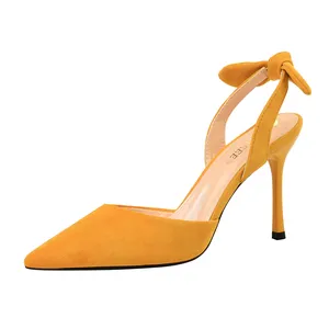 Sandália de salto alto stiletto feminina, 2136-3 coreanos, moda coreana, super alto, camurça, boca rasa, vazada com laço pequeno, sandálias femininas