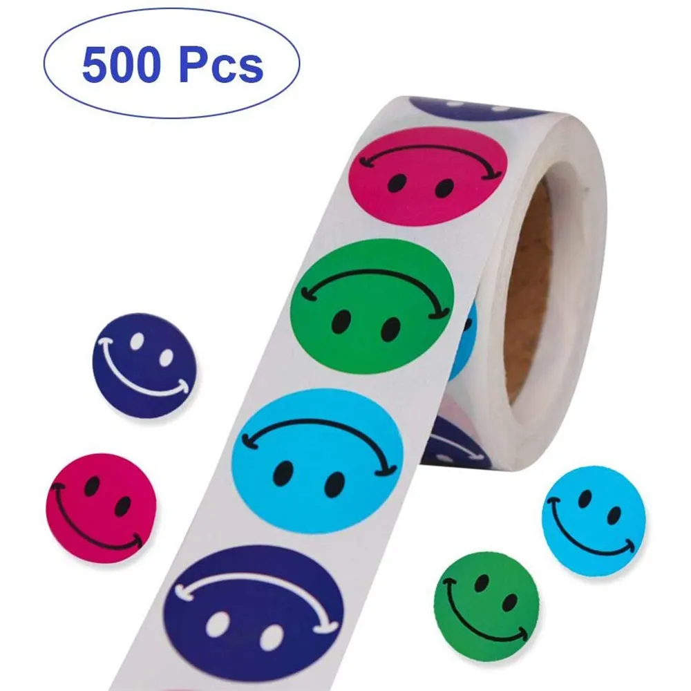 Etiqueta Adhesiva decorativa impresa personalizada cara feliz sonrisa colorida extraíble círculo 1"
