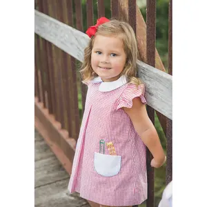 Little girls checked mini dress classic hand-embroidered school dress for summer