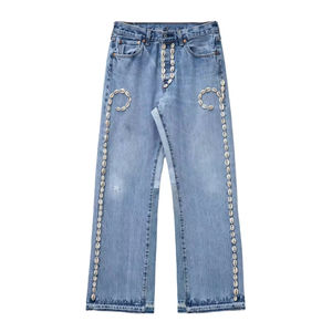 جينز دراجات نارية مستقيم بتصميم عتيق أنيق للرجال، 100% قطن، مريح، ارتفاع متوسط، غسيل متوسط، لون موحد، يرفع المؤخرة - Product Image 2