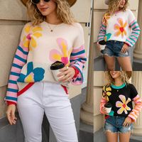 Nouvelle Collection Automne 2026 – Sweat-shirt Tricoté Chaud et Tendance à Col Rond, Rayures Colorées et Patchwork pour Femme – Motif Floral